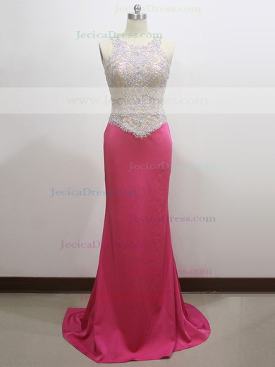 Tulle Silk-like Satin Trumpet/Mermaid Scoop Neck Sweep Train with Crystal Detailing Prom Dresses #JCD020104339