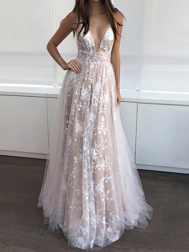 Elegant A-line V-neck Tulle Floor-length with Appliques Lace Prom Dress #JCD020104576