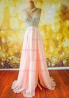 Pink V-neck A-line Chiffon Floor-length with Beading Prom Dress #JCD020104592