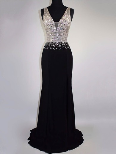 Black V-neck A-line Chiffon Floor-length with Beading Prom Dress #JCD020104591
