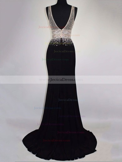 Black V-neck A-line Chiffon Floor-length with Beading Prom Dress #JCD020104591
