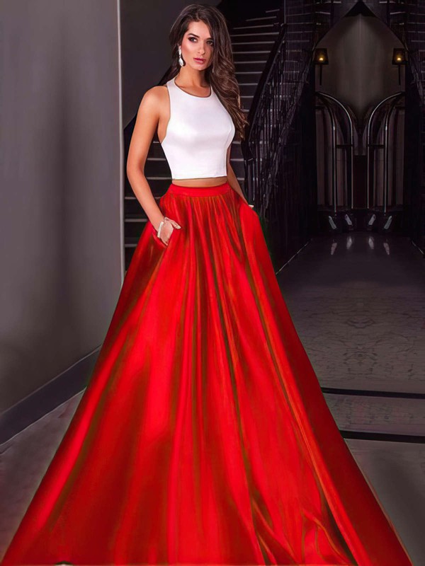 Two Piece Ball Gown Halter Red Satin Prom Dress #JCD020104589
