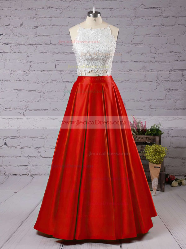 Fashion Two Piece Square Neck Satin with Appliques Lace Open Back Prom Dress #JCD020104587