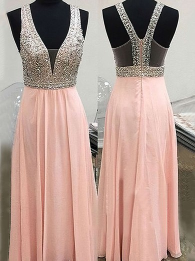 Pearl Pink V-neck A-line Chiffon with Beading Floor-length Prom Dress #JCD020104586