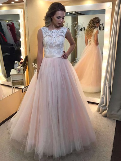 Princess Scalloped Neck Lace Tulle Floor-length Prom Dress #JCD020104585