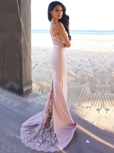 Pink Trumpet/Mermaid Sweetheart Spaghetti Straps with Appliques Lace Sweep Train Prom Dress #JCD020104584