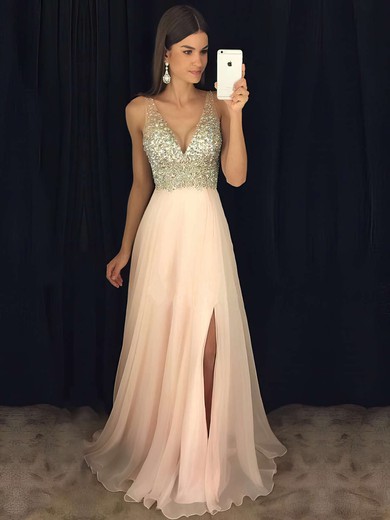 Pink A-line V-neck Chiffon Split Front with Beading Prom Dress #JCD020104583