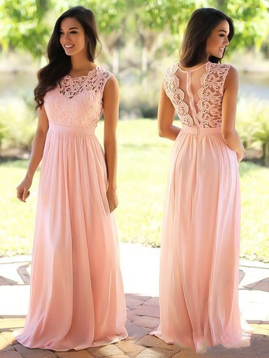 Affordable A-line Scoop Neck Lace Chiffon Floor-length Prom Dress #JCD020104579