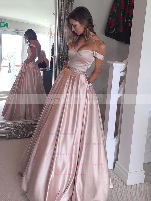 Ball Gown Off-the-shoulder Satin with Beading Floor-length Prom Dress #JCD020104578
