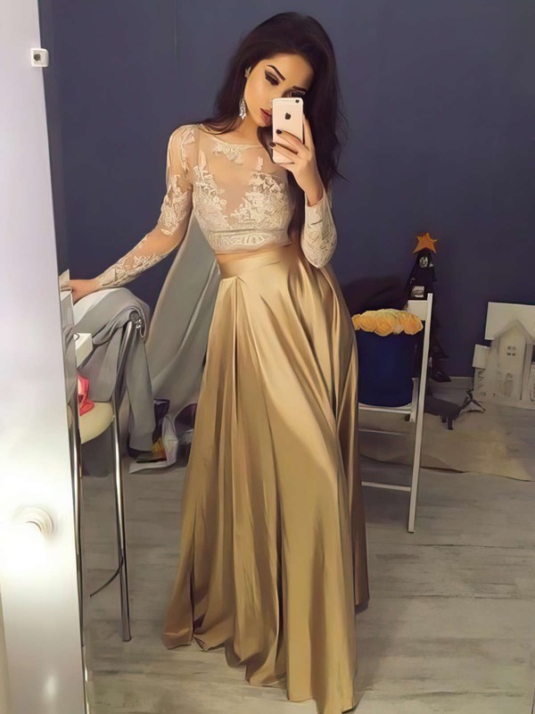 Amazing Gold A-line Satin Scoop Neck Long Sleeves Prom Dress #JCD020104577