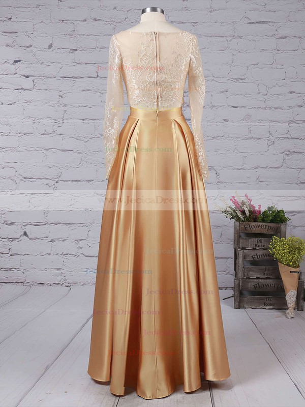 Amazing Gold A-line Satin Scoop Neck Long Sleeves Prom Dress #JCD020104577