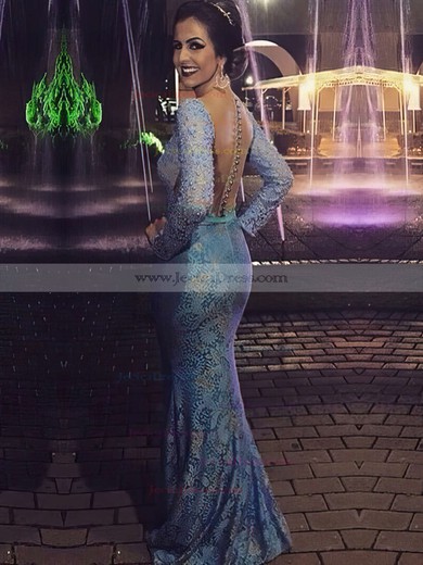 Trumpet/Mermaid V-neck Blue Lace Long Sleeve Open Back Floor-length Prom Dress #JCD020104614