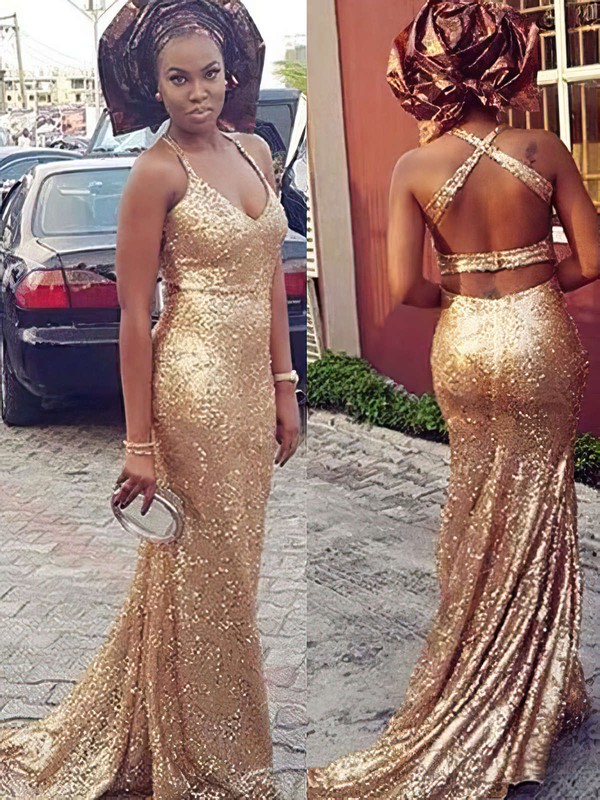 Gold Trumpet/Mermaid V-neck Sequined Sweep Train Prom Dress #JCD020104612