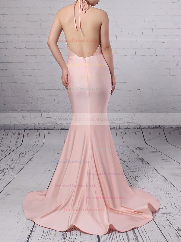 Pink Trumpet/Mermaid Halter Silk-like Satin Sweep Train Prom Dress #JCD020104609