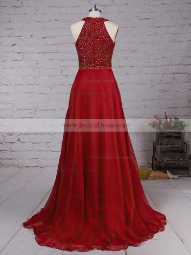 Burgundy A-line Scoop Neck Chiffon with Beading Floor-length Prom Dress #JCD020104608