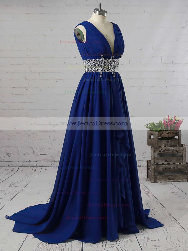 Light Sky Blue A-line V-neck Chiffon Cascading Ruffles Sweep Train Prom Dress #JCD020104606