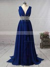 Light Sky Blue A-line V-neck Chiffon Cascading Ruffles Sweep Train Prom Dress #JCD020104606