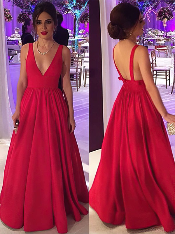 Elegant Red Ball Gown V-neck Satin Floor-length Prom Dress #JCD020104603