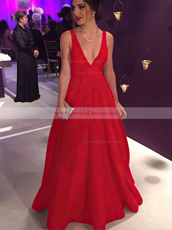 Elegant Red Ball Gown V-neck Satin Floor-length Prom Dress #JCD020104603