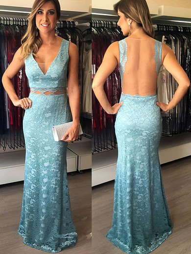 Sheath/Column V-neck Lace Tulle Floor-length Prom Dress #JCD020104600