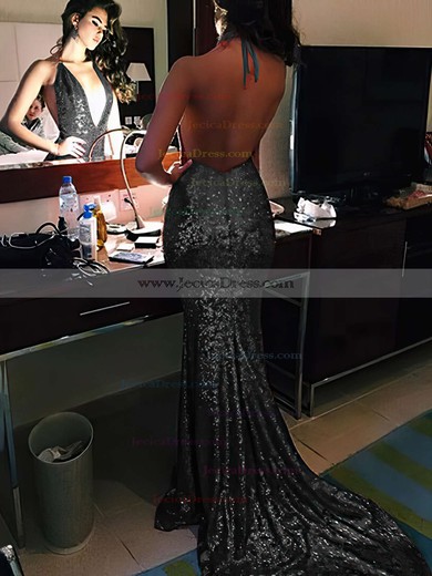 Trumpet/Mermaid V-neck Burgundy Sequined Sweep Train Prom Dress #JCD020104599