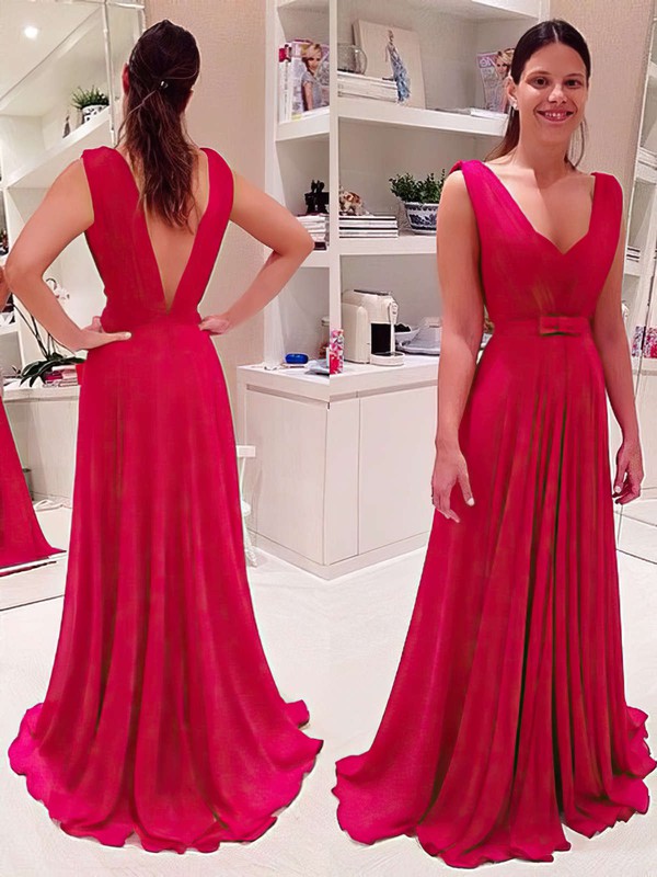 A-line V-neck Red Chiffon Floor-length Prom Dress #JCD020104598