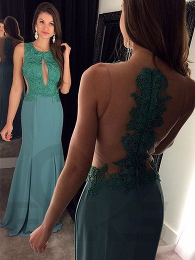 Trumpet/Mermaid Scoop Neck Chiffon Tulle with Appliques Lace Floor-length Prom Dress #JCD020104597