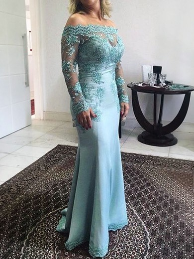Blue Chiffon Trumpet/Mermaid Off-the-shoulder with Appliques Lace Floor-length Prom Dress #JCD020104596