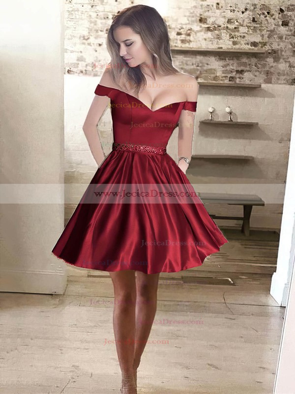 Satin Ball Gown Off-the-shoulder Short/Mini Beading Prom Dresses #JCD020106281