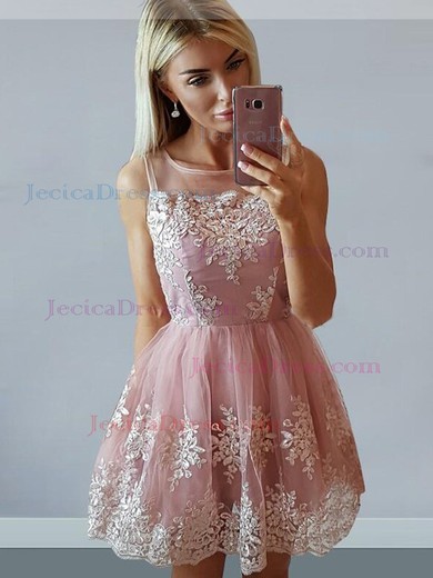 Tulle A-line Scoop Neck Short/Mini Appliques Lace Prom Dresses #JCD020106296