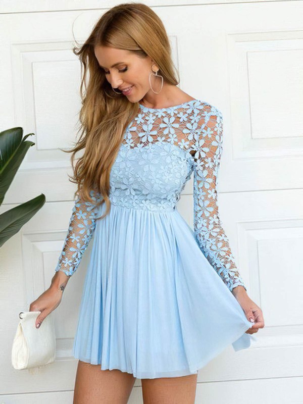 Lace Chiffon A-line Scoop Neck Short/Mini Lace Prom Dresses #JCD020106314
