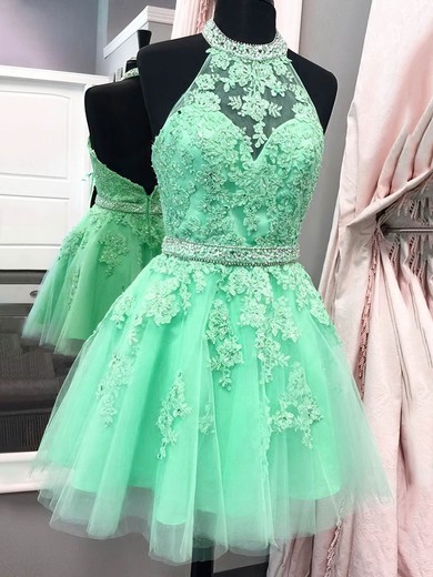 Tulle A-line Halter Short/Mini Beading Prom Dresses #JCD020106322