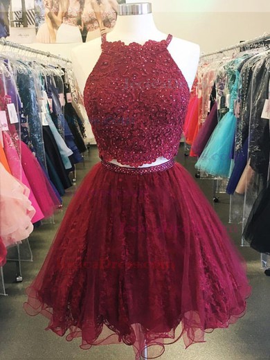Lace Tulle Princess Halter Short/Mini Beading Prom Dresses #JCD020106333