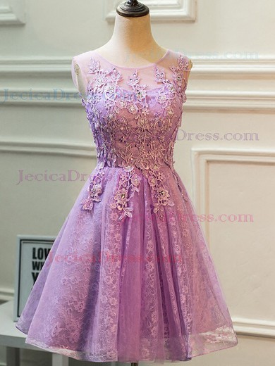Lace Tulle A-line Scoop Neck Knee-length Beading Prom Dresses #JCD020106337