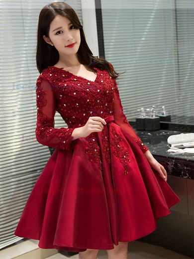 Satin Tulle Princess V-neck Short/Mini Appliques Lace Prom Dresses #JCD020106340
