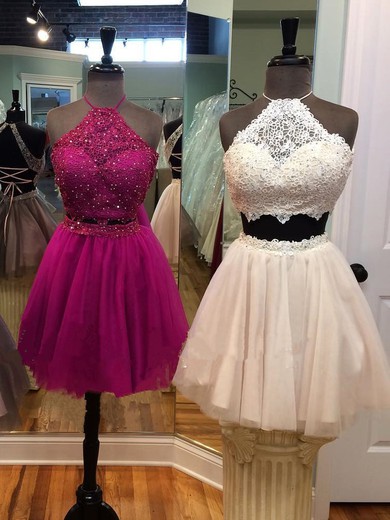 Lace Tulle A-line Halter Short/Mini Beading Prom Dresses #JCD020106342