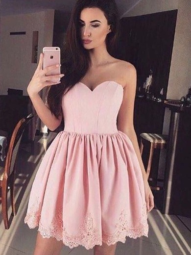 Silk-like Satin A-line Sweetheart Short/Mini Appliques Lace Prom Dresses #JCD020106343