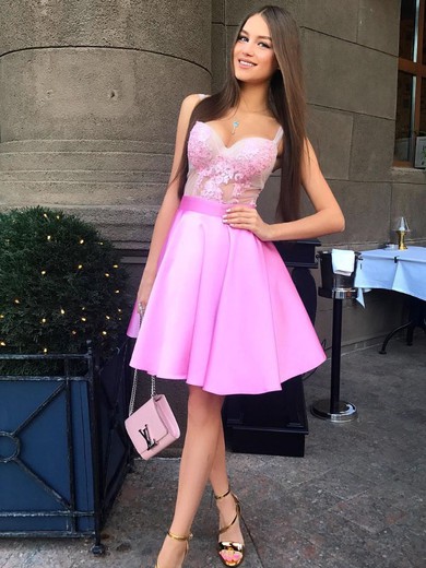 Satin Tulle A-line V-neck Short/Mini Appliques Lace Prom Dresses #JCD020106348