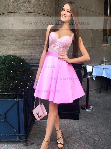 Satin Tulle A-line V-neck Short/Mini Appliques Lace Prom Dresses #JCD020106348