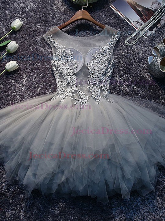 Tulle Princess Scoop Neck Short/Mini Appliques Lace Prom Dresses #JCD020106350