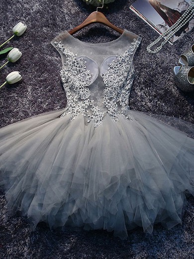 Tulle Princess Scoop Neck Short/Mini Appliques Lace Prom Dresses #JCD020106350