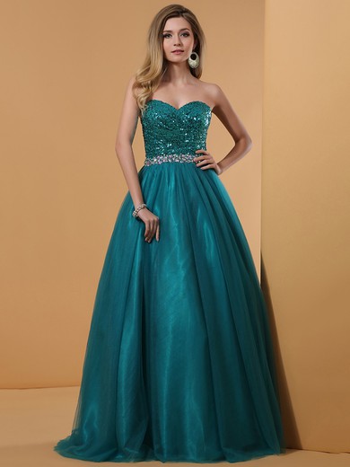 Amazing Ball Gown Dark Green Tulle Sequined Crystal Detailing Sweetheart Prom Dresses #JCD02014342