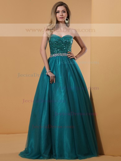 Amazing Ball Gown Dark Green Tulle Sequined Crystal Detailing Sweetheart Prom Dresses #JCD02014342