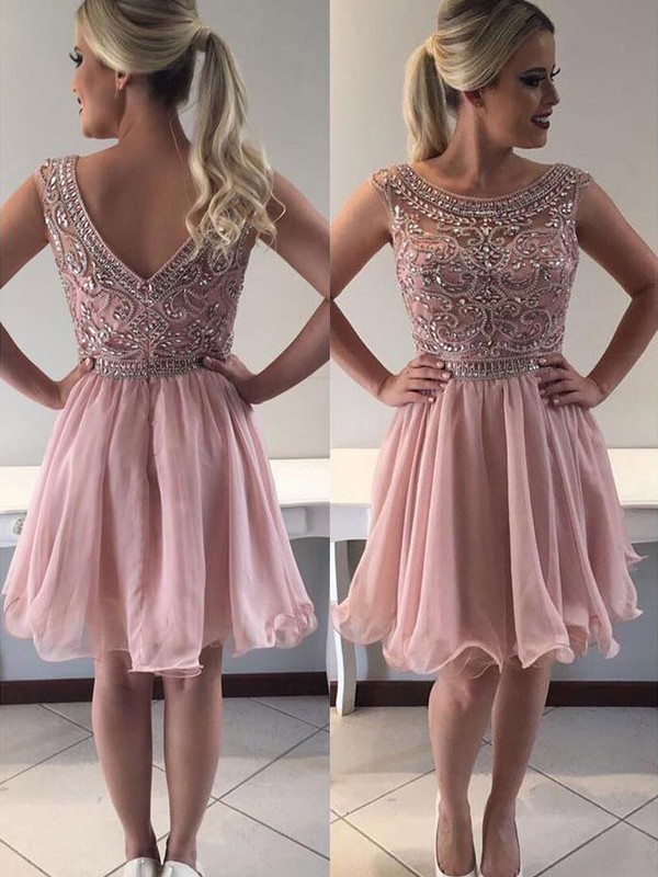Tulle Chiffon A-line Scoop Neck Knee-length Sequins Prom Dresses #JCD020106356