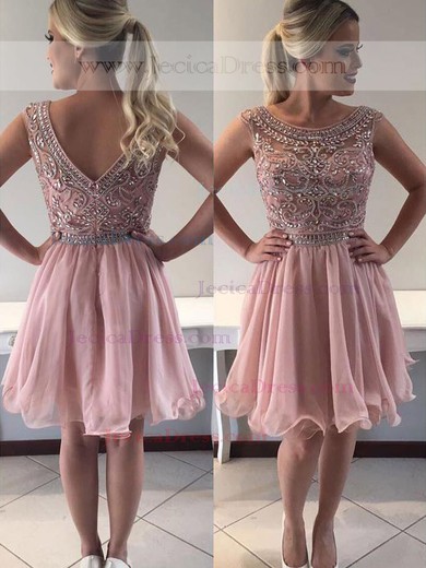 Tulle Chiffon A-line Scoop Neck Knee-length Sequins Prom Dresses #JCD020106356