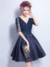 Satin Tulle A-line V-neck Short/Mini Appliques Lace Prom Dresses #JCD020106357
