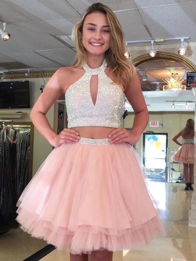 Tulle A-line Halter Short/Mini Tiered Prom Dresses #JCD020106359