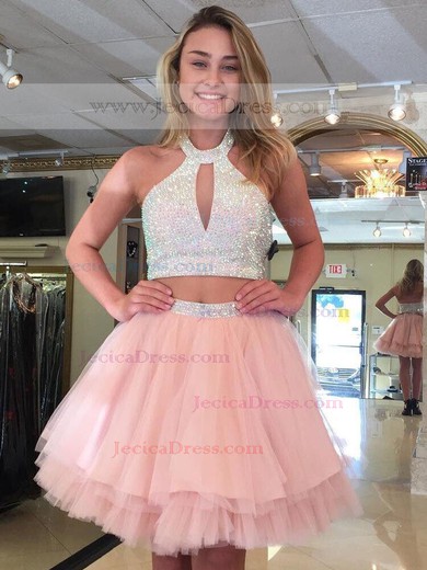 Tulle A-line Halter Short/Mini Tiered Prom Dresses #JCD020106359