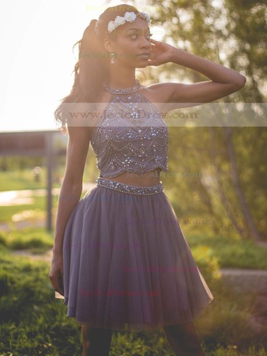 Tulle A-line Halter Short/Mini Beading Prom Dresses #JCD020106363