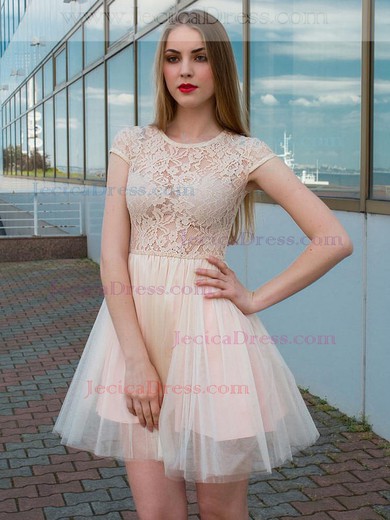 Lace Tulle A-line Scoop Neck Short/Mini Lace Prom Dresses #JCD020106367